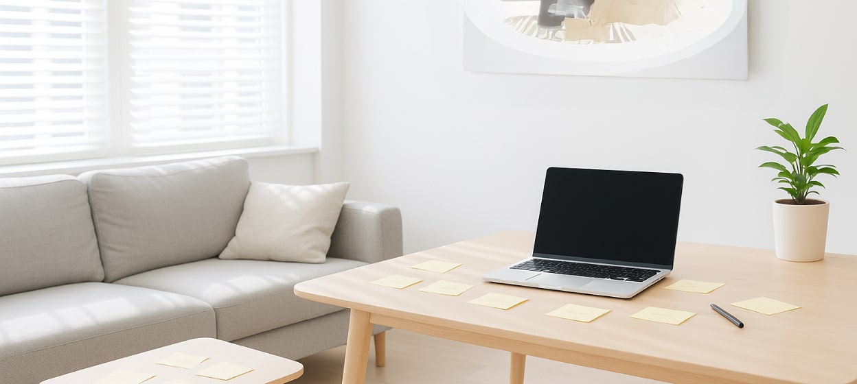 Ein Tisch mit Laptop mit vielen Notizzetteln in einem hellen Zimmer